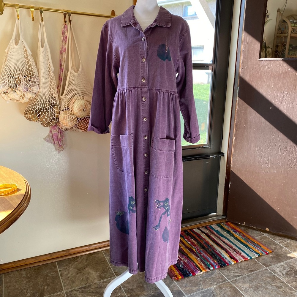 Vintage Frog Painted‎ Purple Maxi Dress Button Up Duster Coat Large Art To Wear